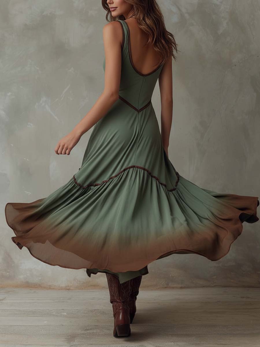 Vestido midi com folhos em estilo boémio com efeito degradé 2025