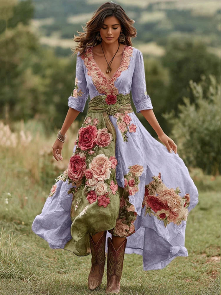 Vestido comprido vintage floral para mulher com decote em V em mistura de linho 2025