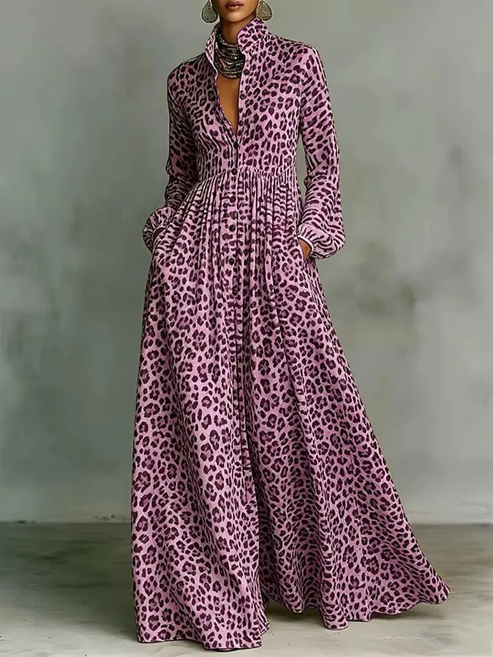 Vestido Casual de Mulher de Manga Comprida, Modelagem Solta em Linha A, com Gola Camisola e Estampado Leopardo