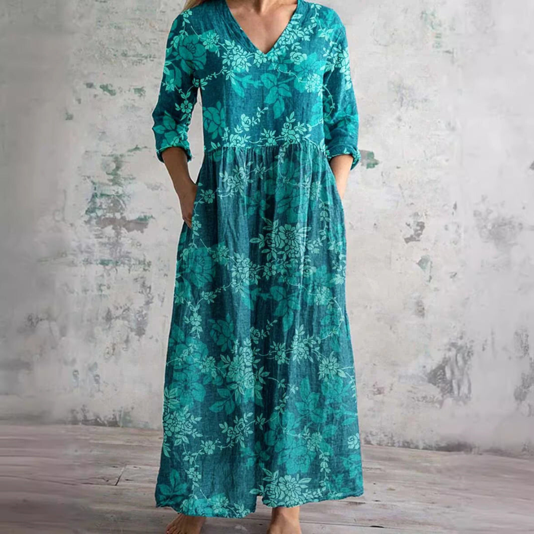 Vestido comprido floral para mulher com decote em V e mangas a três quartos