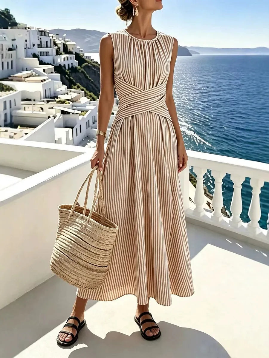 đ Oferta por tempo limitado! Vestido comprido sem mangas Ă s riscas para mulher â desenhado para valorizar a cintura.