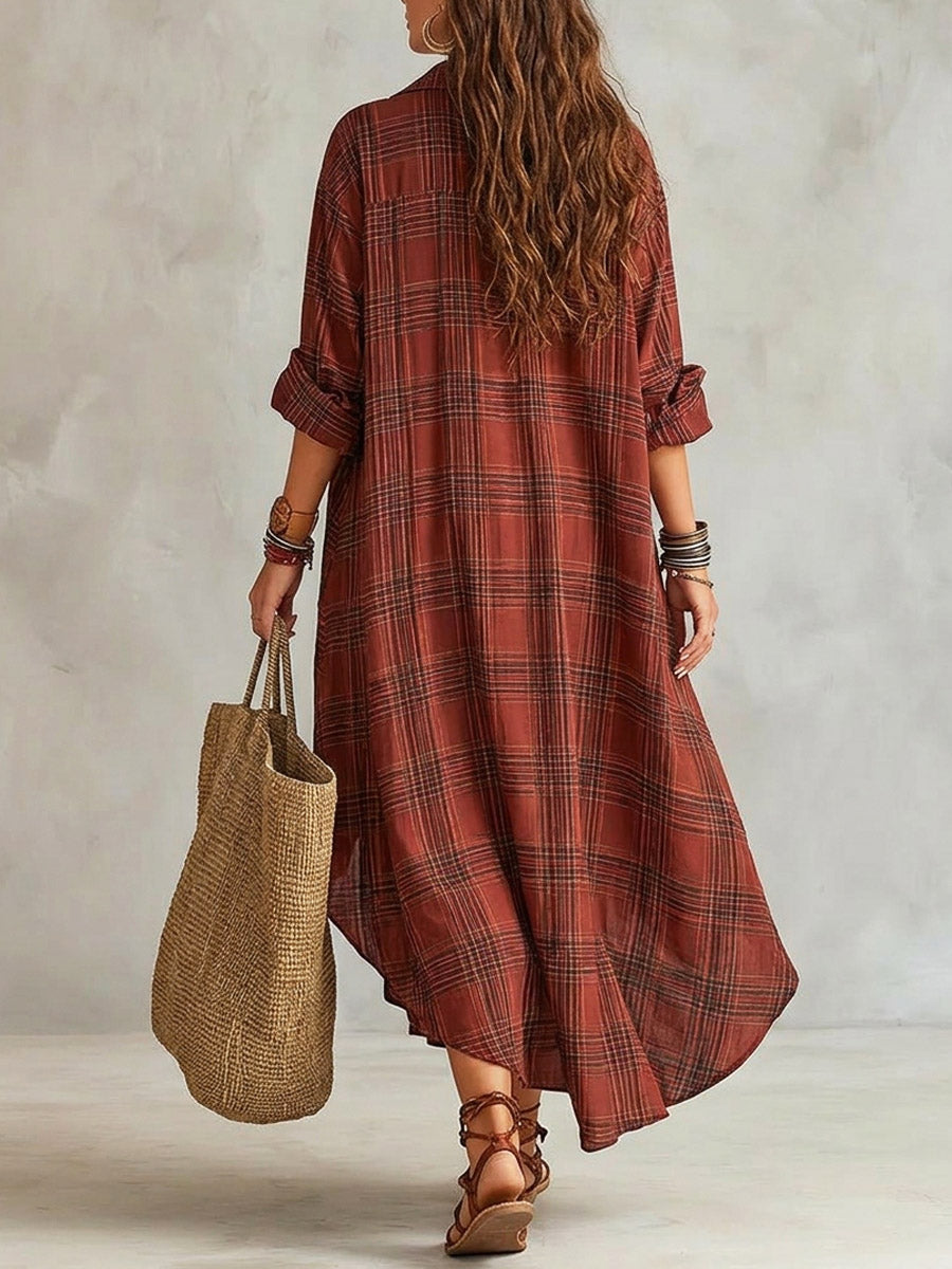 Vestido comprido de menina xadrez em algodão e linho, elegante e moderno.