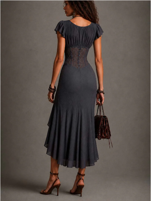Vestido Midi Corset Cinza-Escuro com Franzidos