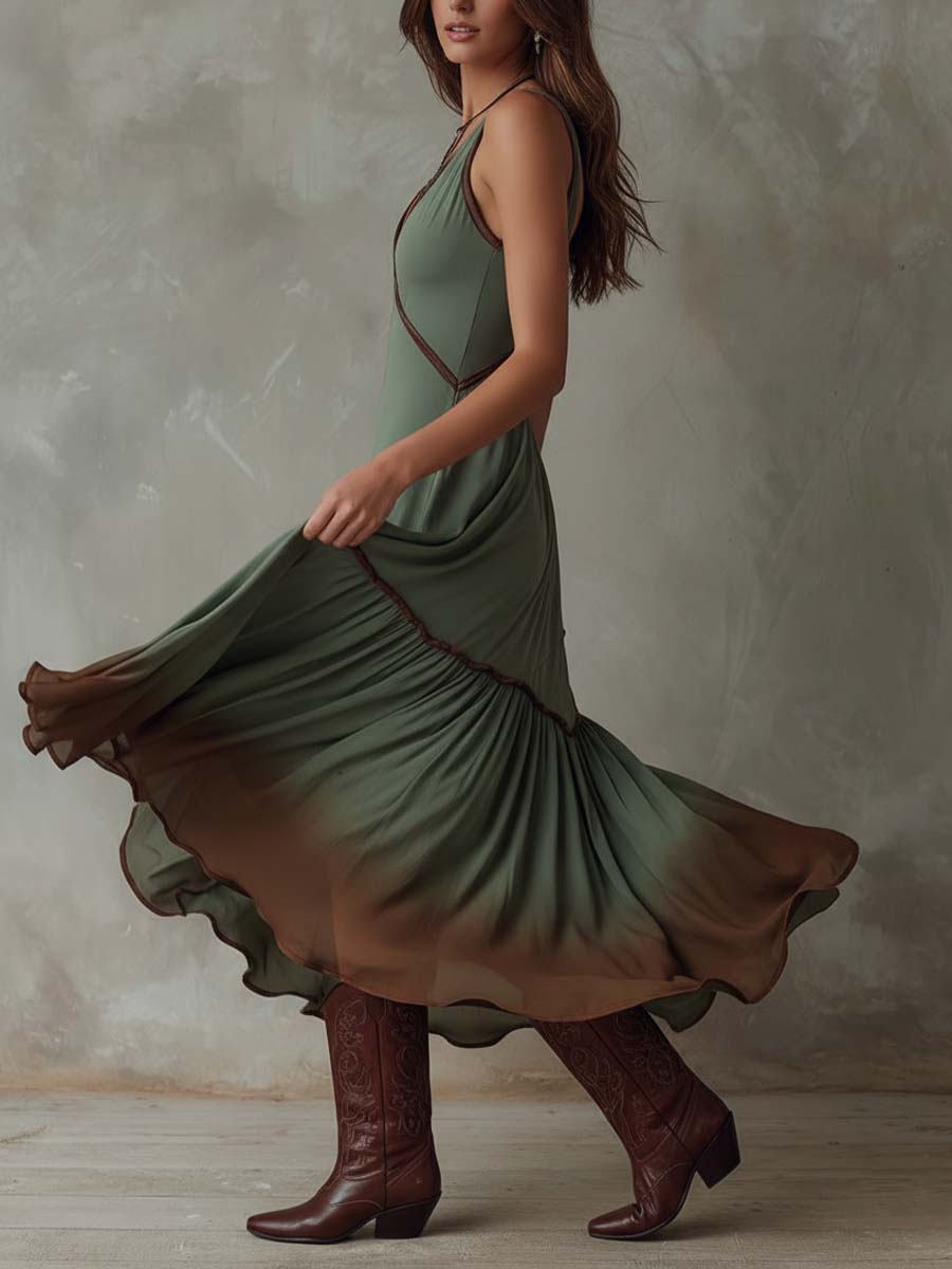 Vestido midi com folhos em estilo boémio com efeito degradé 2025