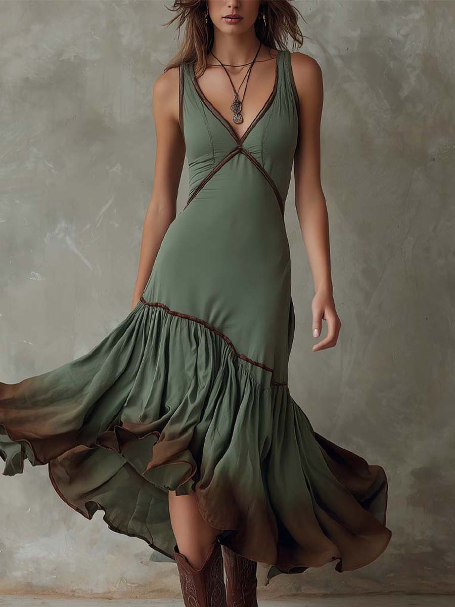 Vestido midi com folhos em estilo boémio com efeito degradé 2025