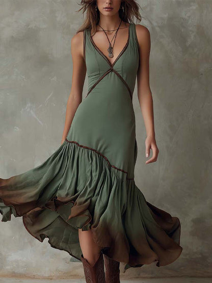Vestido midi com folhos em estilo boémio com efeito degradé 2025