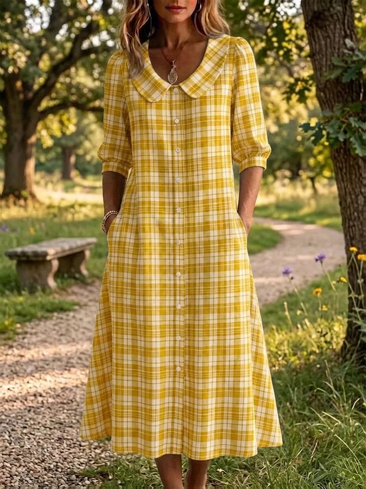 Vestido Xadrez Vintage para Mulher com Bolsos