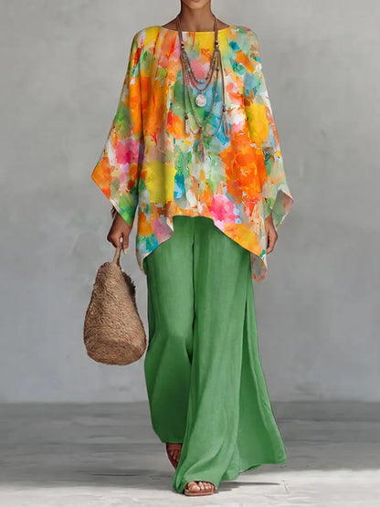Conjunto de duas peças em algodão e linho com estampado floral retro.