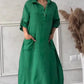 Vestido comprido de senhora em linho e algodão com lapelas