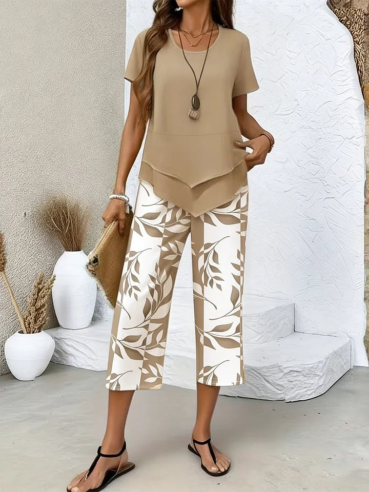 Calças Cropped e Top Estampados para Mulher – Conjunto Casual de Duas Peças