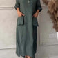 Vestido comprido de senhora em linho e algodão com lapelas