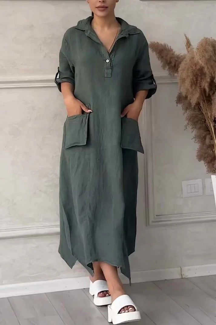 Vestido comprido de senhora em linho e algodão com lapelas
