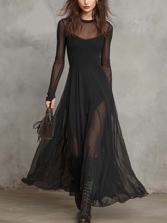 Vestido maxi retro com decote redondo e tecido transparente 2025