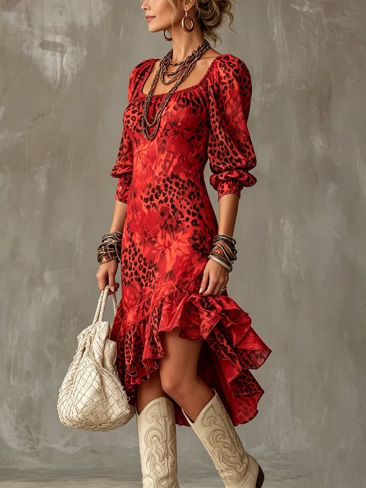 Vestido de Chiffon com Estampado de Onça Elegante
