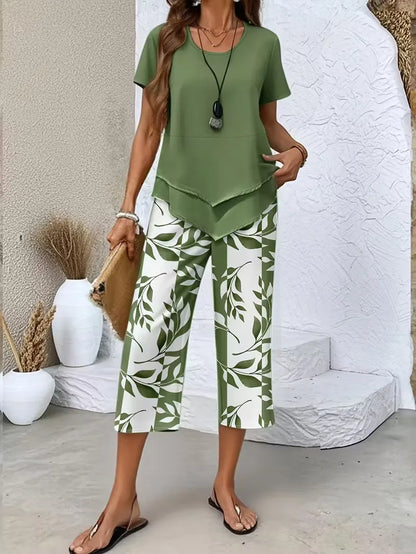 Calças Cropped e Top Estampados para Mulher – Conjunto Casual de Duas Peças