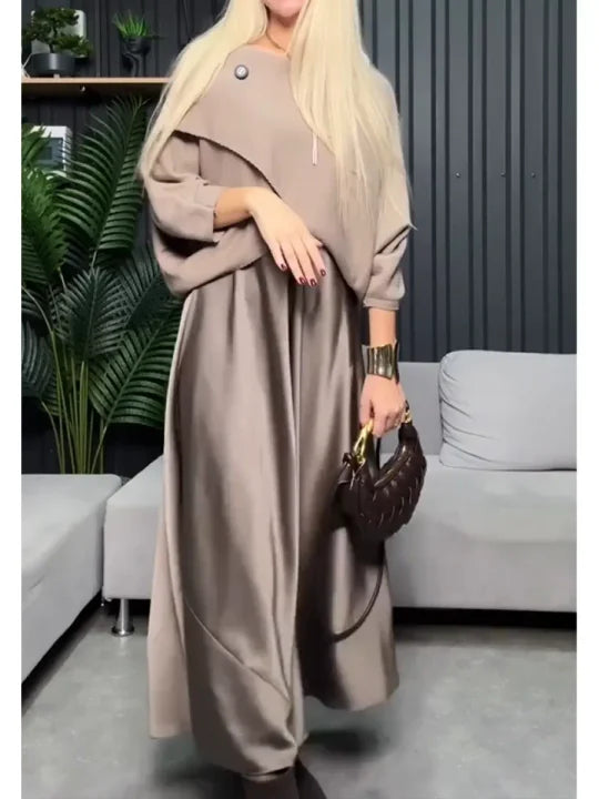 Conjunto de duas peças para mulher: camisola de malha e vestido de cetim.