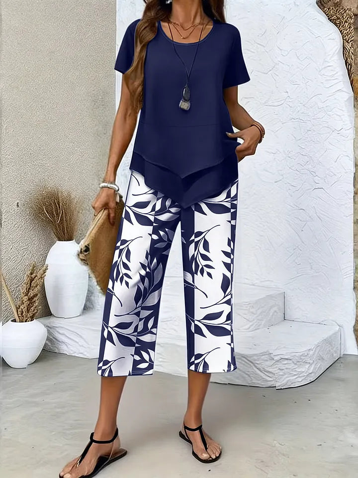 Calças Cropped e Top Estampados para Mulher – Conjunto Casual de Duas Peças