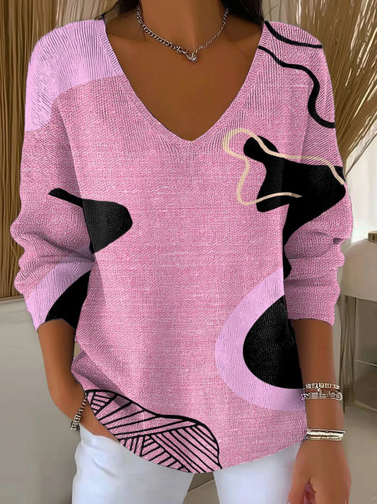 Camisola casual com estampado de arte rosa para mulher