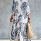 Vestido retro boho de algodão com estampado floral azul
