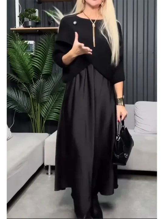 Conjunto de duas peças para mulher: camisola de malha e vestido de cetim.