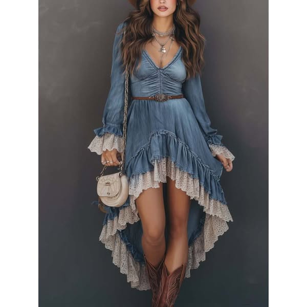 Vestido midi de ganga com barra irregular e detalhes em renda 2025