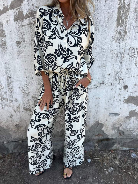 Camisa estampada para mulher com botões e calças largas (conjunto de 2)