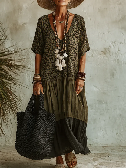 Vestido Casual em Chiffon e Algodão com Recortes e Estampado de Onça