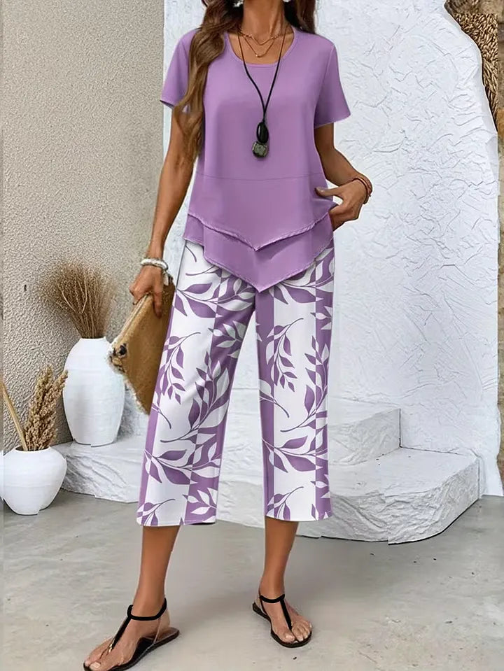 Calças Cropped e Top Estampados para Mulher – Conjunto Casual de Duas Peças