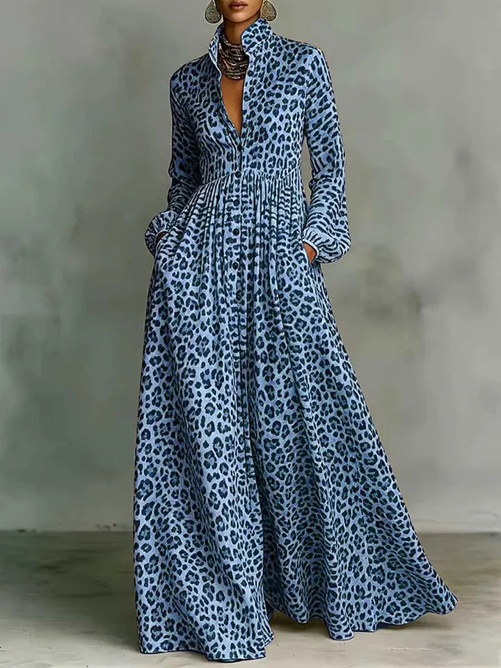 Vestido Casual de Mulher de Manga Comprida, Modelagem Solta em Linha A, com Gola Camisola e Estampado Leopardo