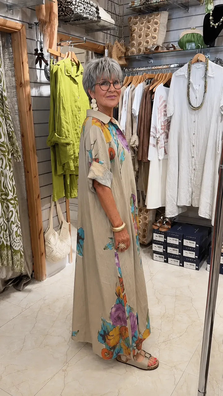 Vestido Chemise Maxi Floral em Aquarela