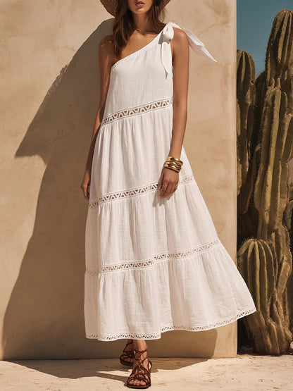 Vestido de algodão de um ombro só estilo boémio