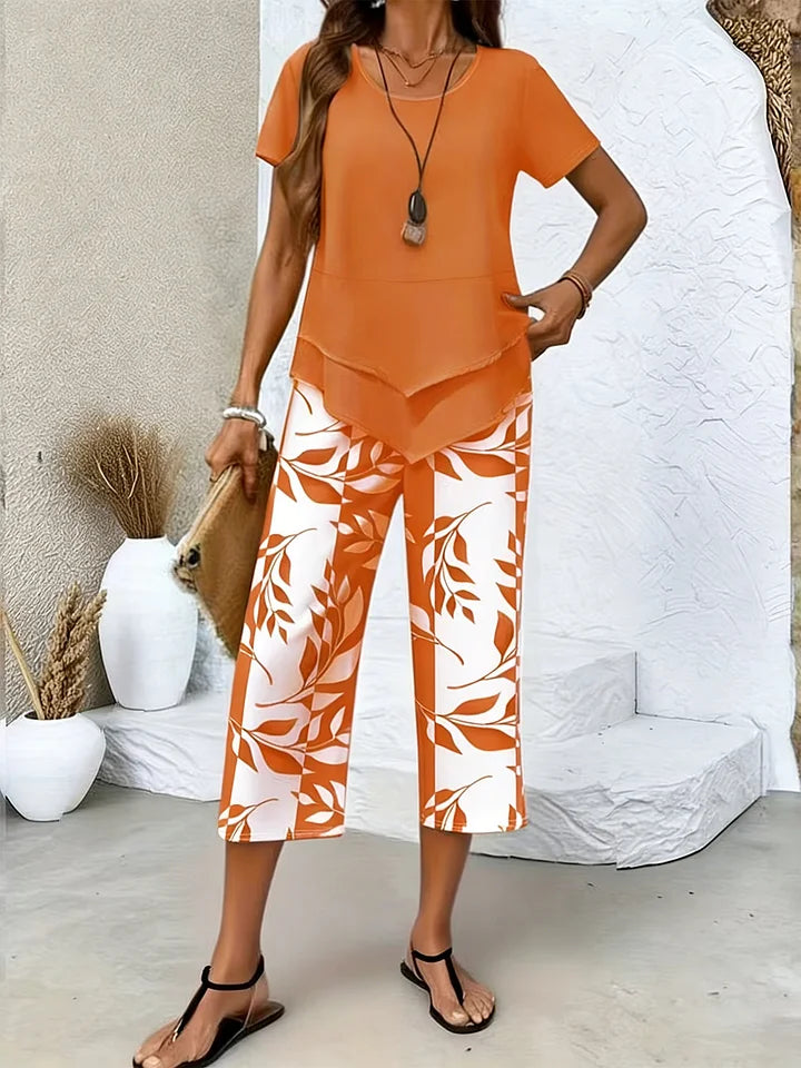 Calças Cropped e Top Estampados para Mulher – Conjunto Casual de Duas Peças