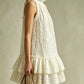 Minivestido Feminino Vintage Renda Bege, Sem Mangas e com Folhos