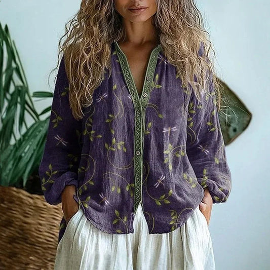 camisa vintage com estampado de folhas