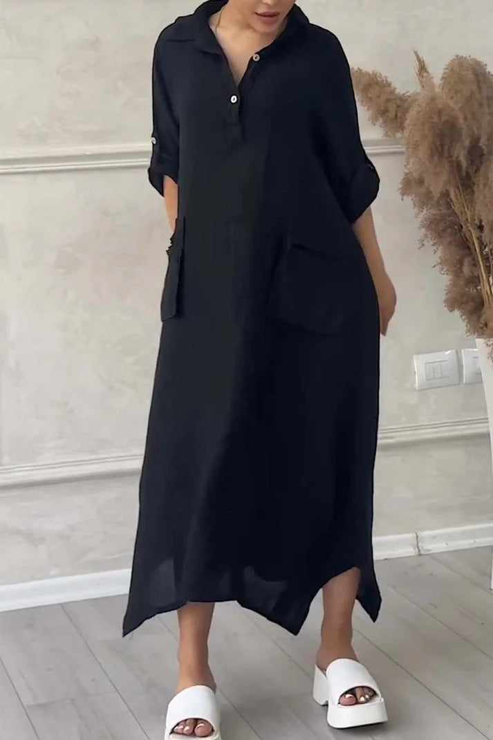 Vestido comprido de senhora em linho e algodão com lapelas