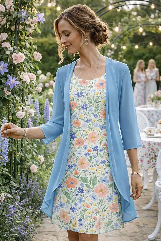 Elegante conjunto de duas peças para mulher, composto por um vestido de chiffon e um casaco de malha.