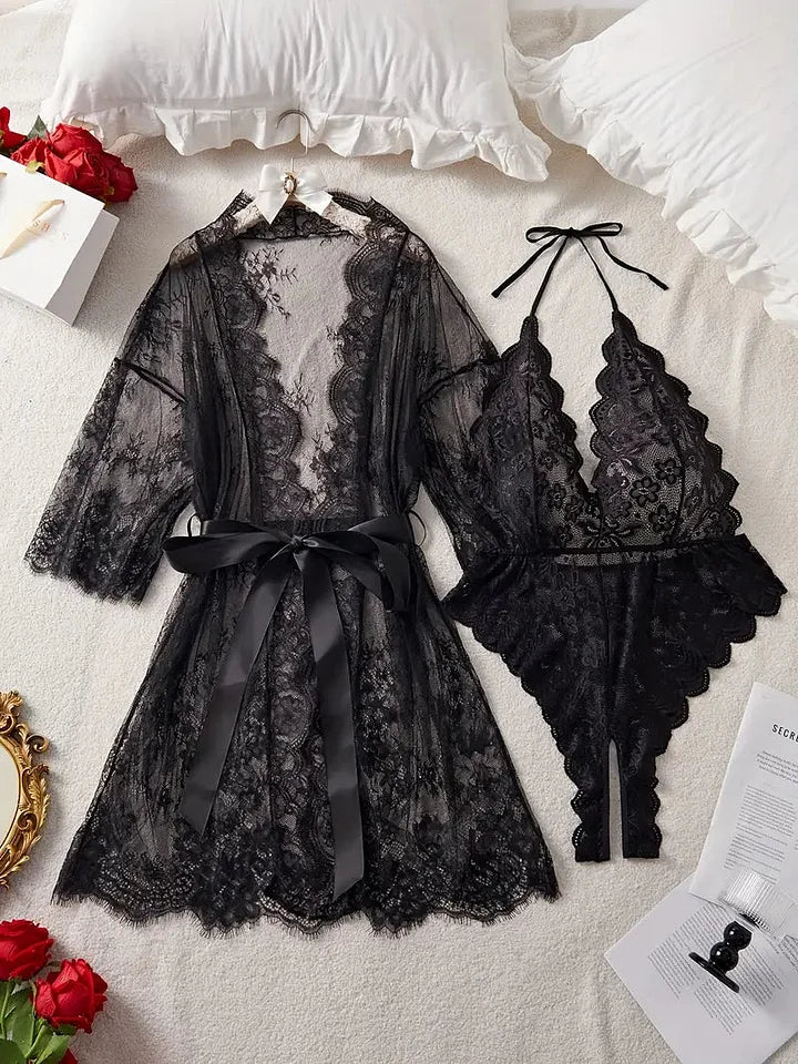 Conjunto de camisola de renda para mulher