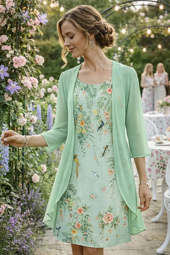 Elegante conjunto de duas peças para mulher, composto por um vestido de chiffon e um casaco de malha.