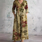 Vestido comprido floral para mulher com decote em V e mangas a três quartos