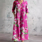 Vestido comprido floral para mulher com decote em V e mangas a três quartos