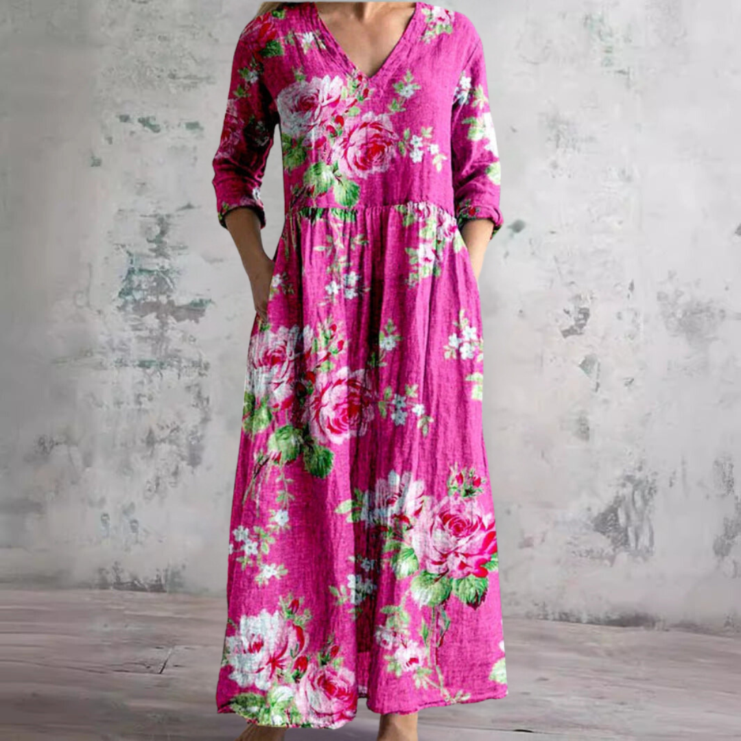 Vestido comprido floral para mulher com decote em V e mangas a três quartos