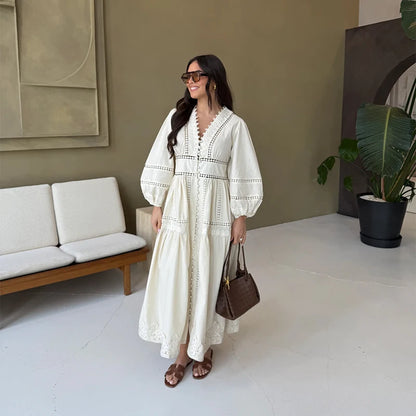 Elegante saia comprida de renda sólida com decote em V