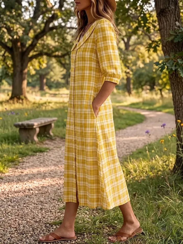 Vestido Xadrez Vintage para Mulher com Bolsos