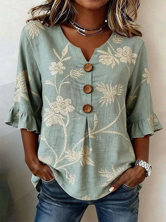 Blusa casual para mulher com estampado floral e mangas abalonadas