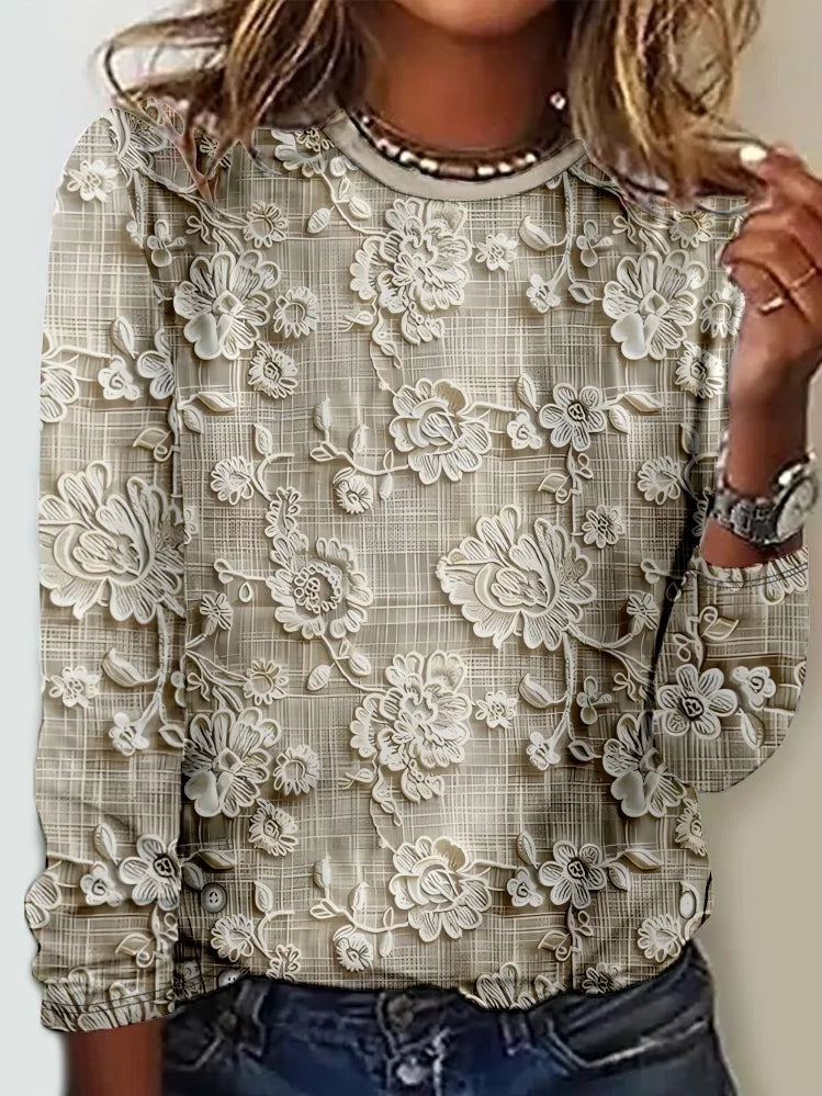 Camisa casual de senhora estampada com gola redonda para uso diário