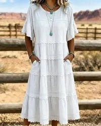 Vestido vintage em algodão e linho com estampado patchwork.