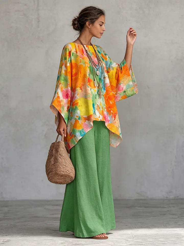 Conjunto de duas peças em algodão e linho com estampado floral retro.