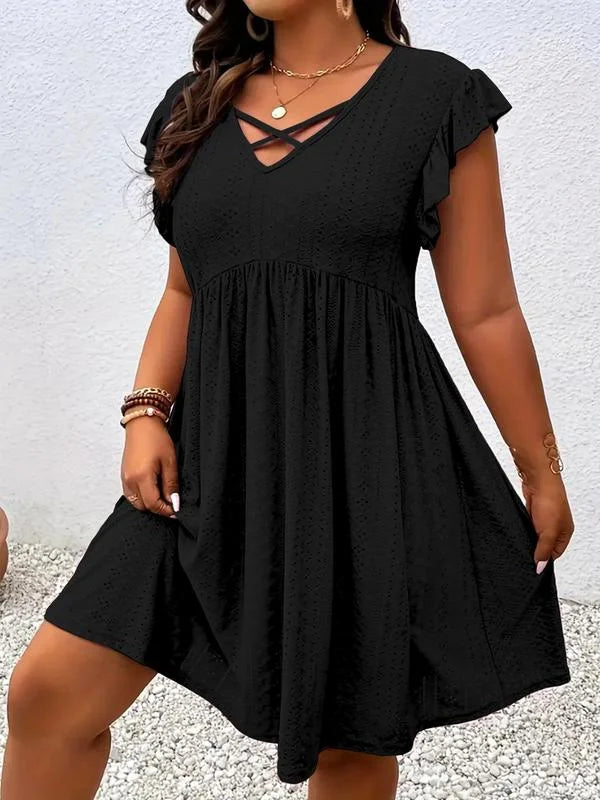 【Plus Size】Vestido Liso com Decote Vazado