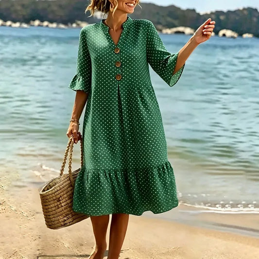 🔥Vestido de algodão para mulher com estampado de bolinhas e folhos nos punhos