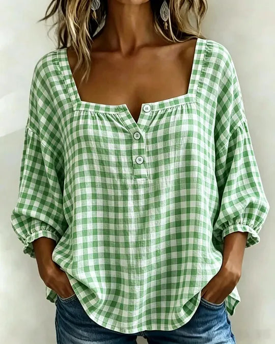 🌸Blusa de Mulher de Manga Curta em Mistura de Algodão e Linho, Estampado Vichy e Decote Quadrado